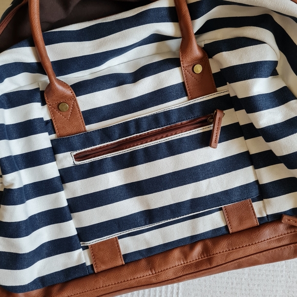 Canvas Weekender Travel Duffel Bag Shoe Compartment Navy Beige Boho Striped - Picture 8 of 16